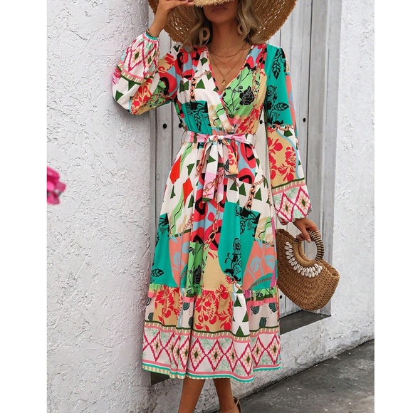 Luxe Print Long sleeve Belted Midi Dress - Picture 8 of 10